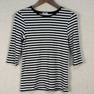 ESLI Top Womens Small Black White Striped 3/4 Sleeve Crew Neck Top Viscose Blend
